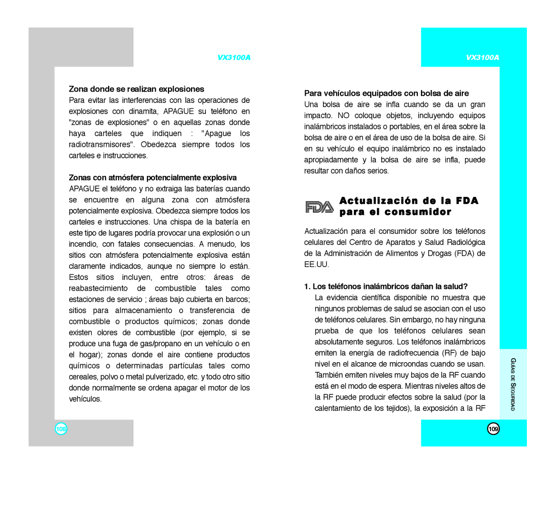 LG Electronics VX3100A manual Actualización de la FDA para el consumidor, Zona donde se realizan explosiones 