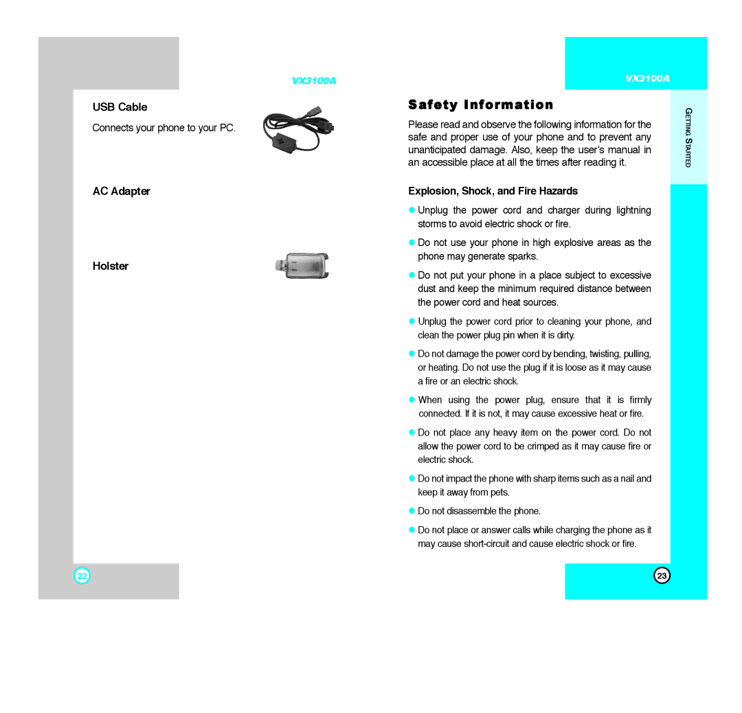 LG Electronics VX3100A manual Safety Information, USB Cable, AC Adapter Holster, Explosion, Shock, and Fire Hazards 