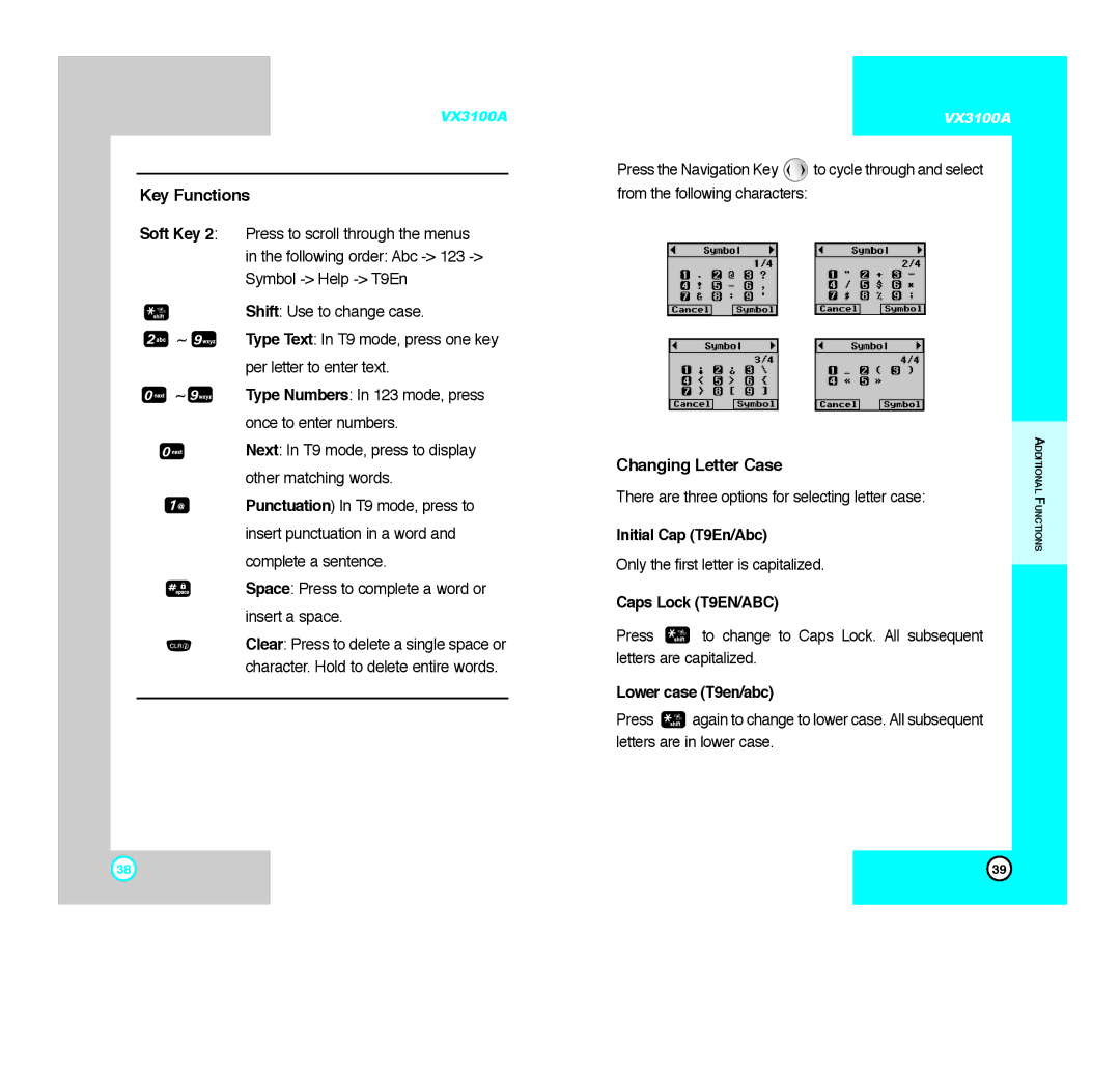 LG Electronics VX3100A Key Functions, Changing Letter Case, Initial Cap T9En/Abc, Caps Lock T9EN/ABC, Lower case T9en/abc 