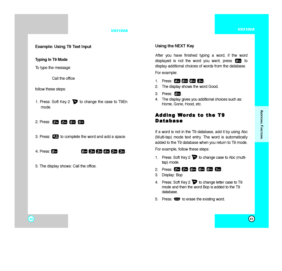 LG Electronics VX3100A Adding Words to the T9 Database, Example Using T9 Text Input, Using the Next Key, Typing In T9 Mode 