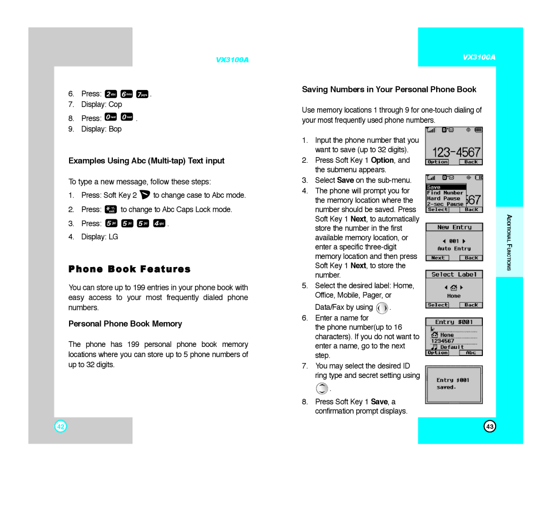 LG Electronics VX3100A manual Phone Book Features, Examples Using Abc Multi-tap Text input, Personal Phone Book Memory 