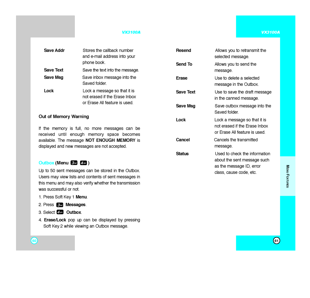 LG Electronics VX3100A manual Out of Memory Warning, Outbox Menu 