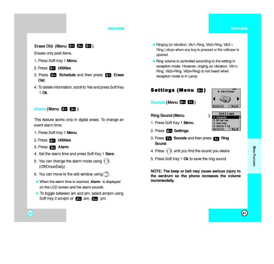 LG Electronics VX3100A manual Settings Menu, Erase Old Menu, Alarm Menu, Sounds Menu Ring Sound Menu, Press Settings 