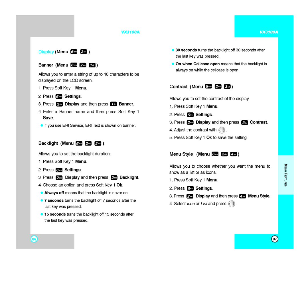 LG Electronics VX3100A manual Display Menu, Banner Menu, Backlight Menu, Contrast Menu, Menu Style Menu 