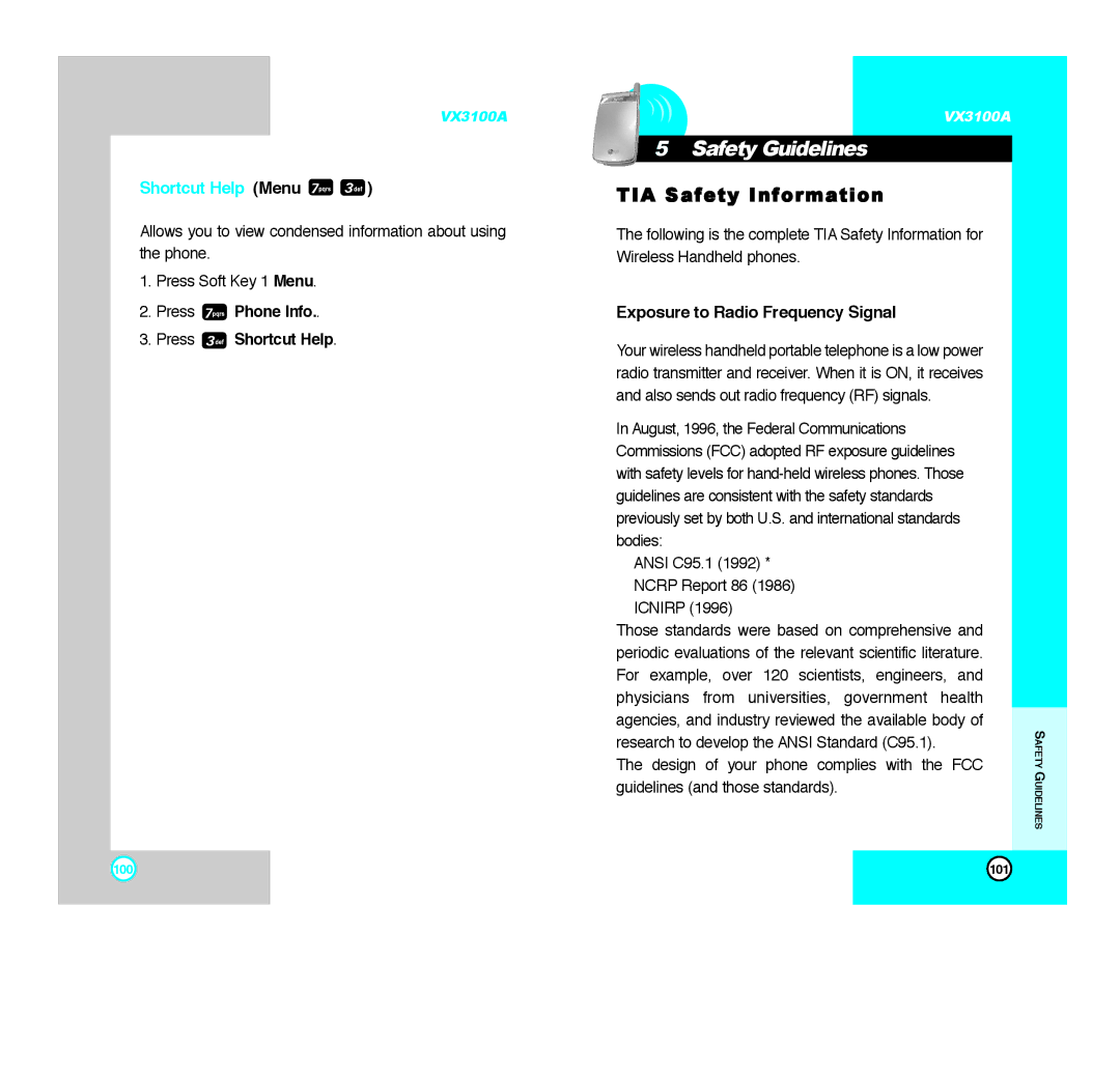 LG Electronics VX3100A Safety Guidelines, TIA Safety Information, Shortcut Help Menu, Exposure to Radio Frequency Signal 