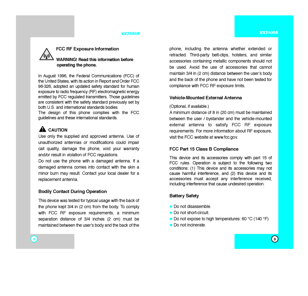 LG Electronics VX3100A FCC RF Exposure Information, Bodily Contact During Operation, Vehicle-Mounted External Antenna 