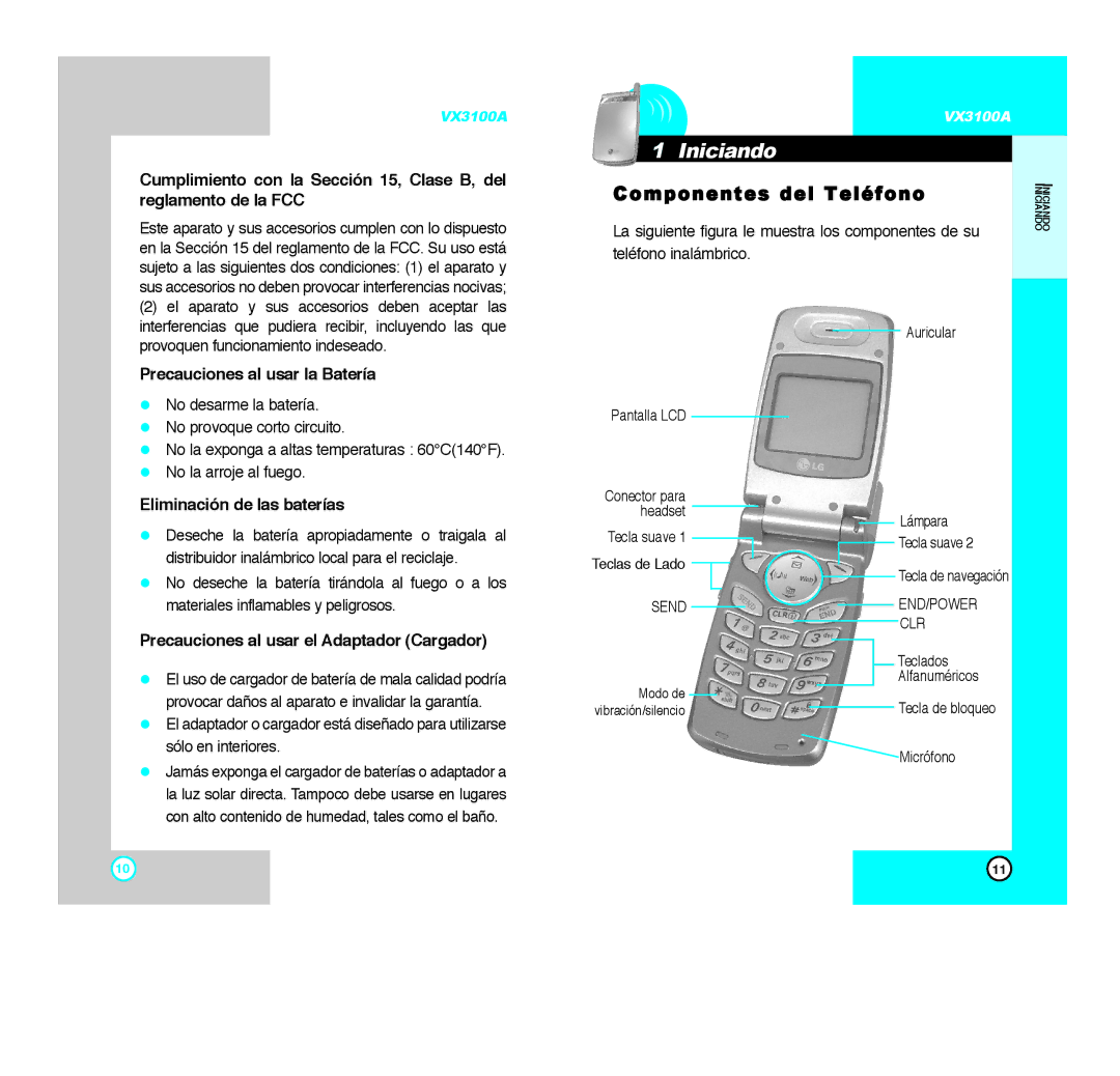 LG Electronics VX3100A Iniciando, Componentes del Teléfono, Precauciones al usar la Batería, Eliminación de las baterías 