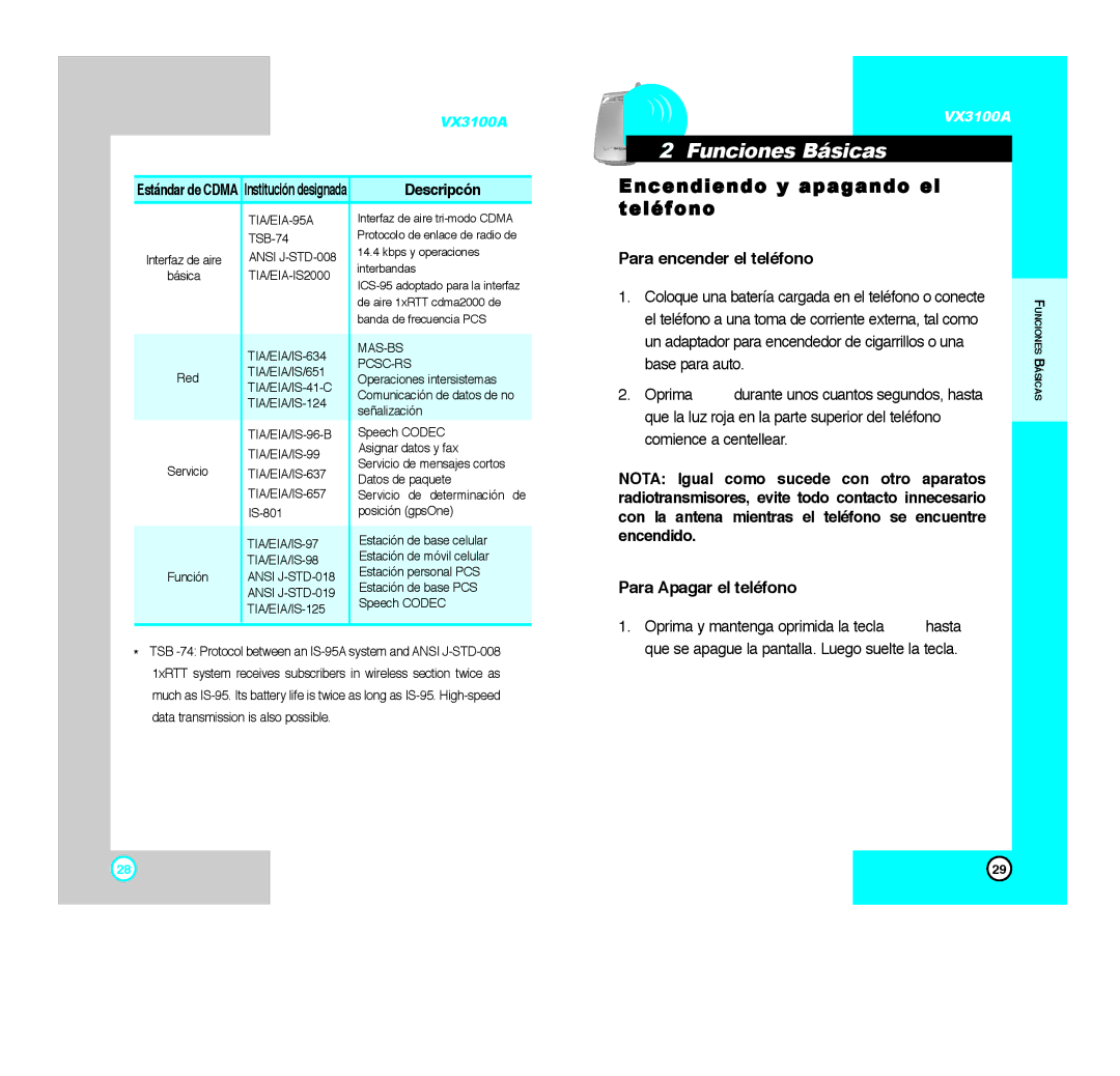 LG Electronics VX3100A manual Funciones Básicas, Encendiendo y apagando el teléfono, Para encender el teléfono, Descripcón 