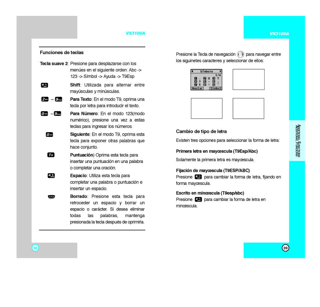 LG Electronics VX3100A manual Funciones de teclas, Cambio de tipo de letra, Primera letra en mayœscula T9Esp/Abc 