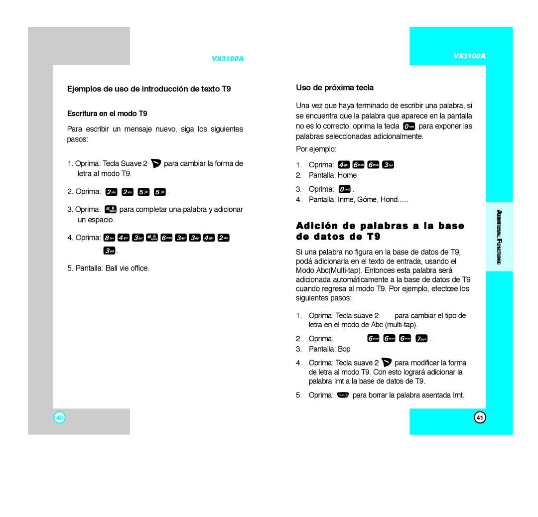 LG Electronics VX3100A manual Adición de palabras a la base de datos de T9, Ejemplos de uso de introducción de texto T9 