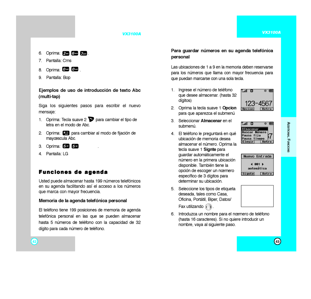 LG Electronics VX3100A manual Funciones de agenda, Ejemplos de uso de introducción de texto Abc multi-tap 