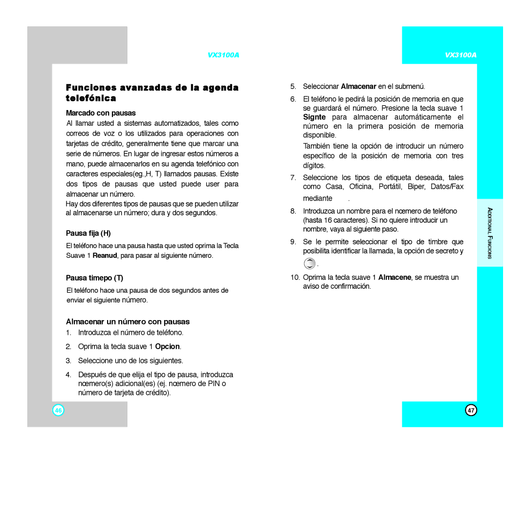LG Electronics VX3100A Funciones avanzadas de la agenda telefónica, Almacenar un número con pausas, Marcado con pausas 