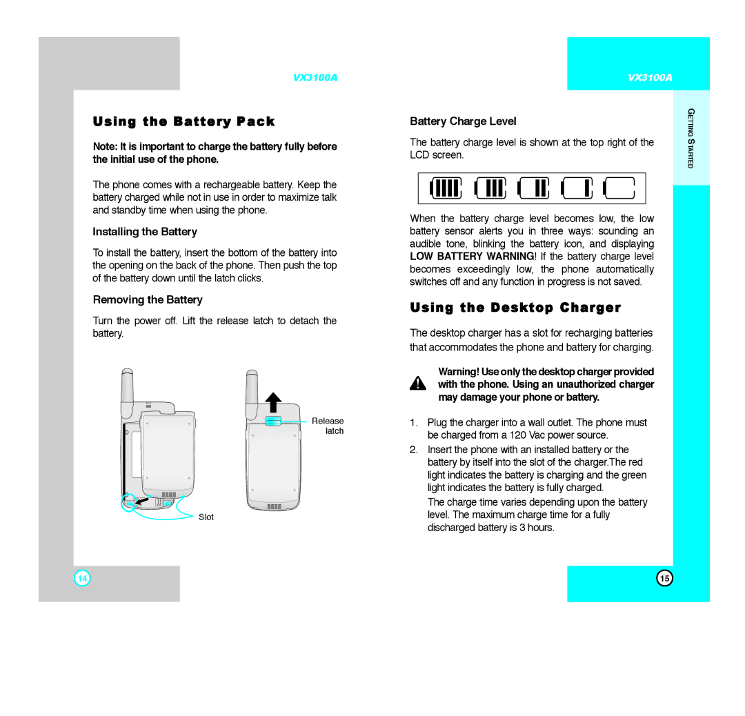 LG Electronics VX3100A Using the Battery Pack, Using the Desktop Charger, Installing the Battery, Removing the Battery 