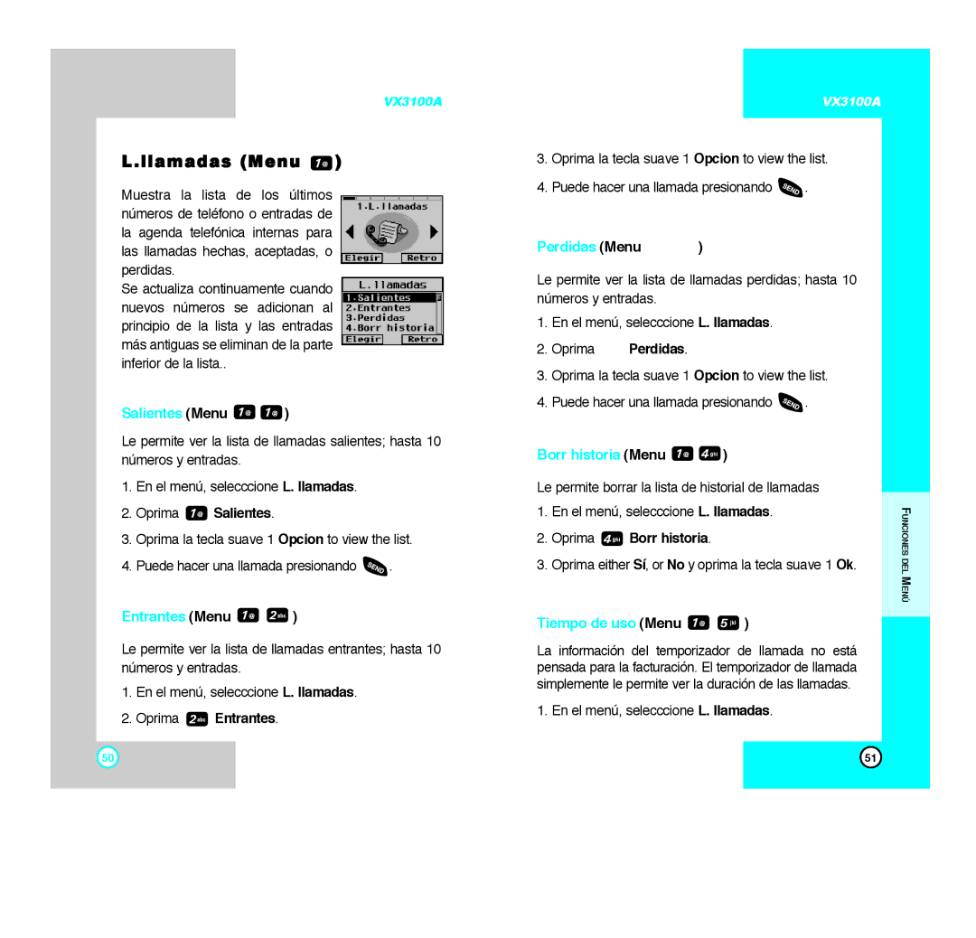 LG Electronics VX3100A manual Llamadas Menu 