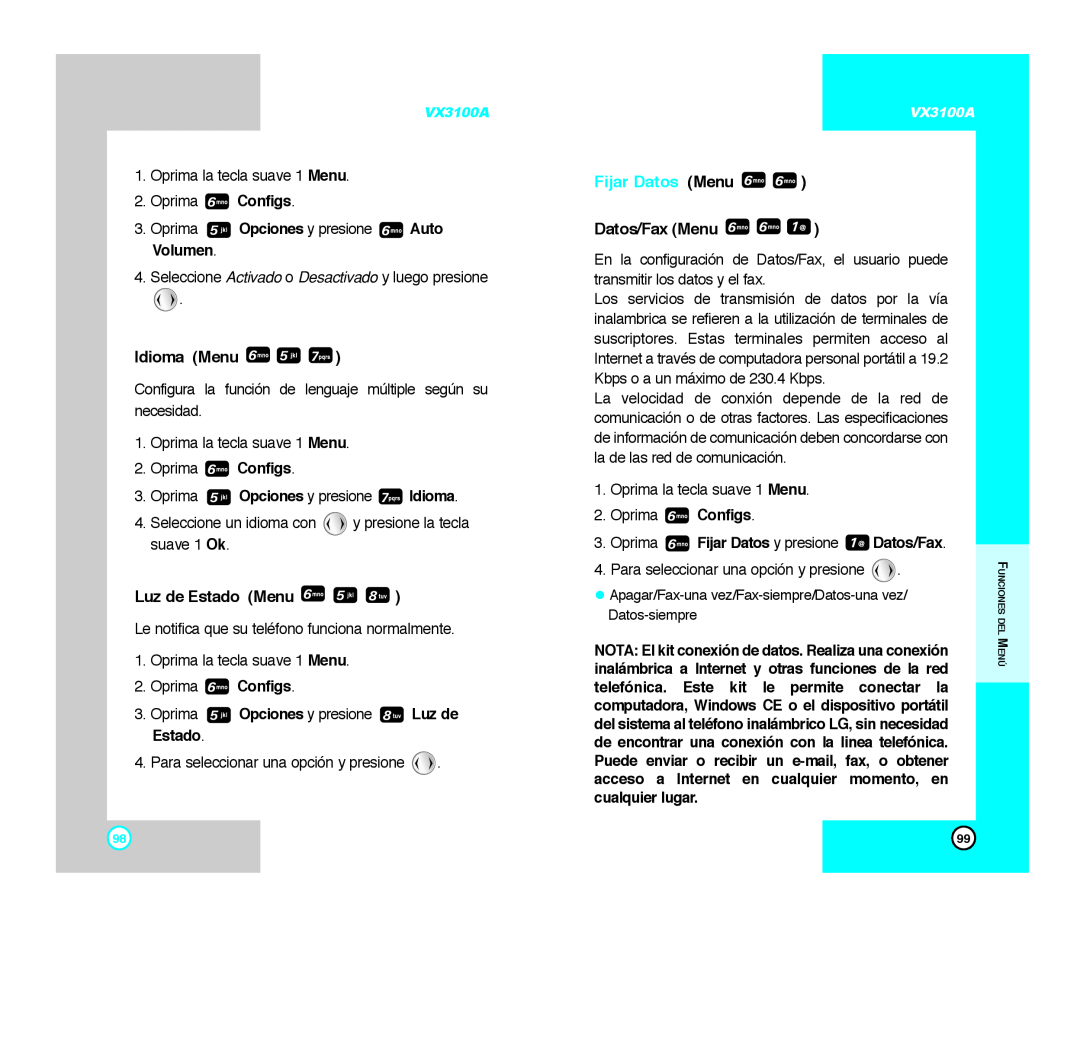 LG Electronics VX3100A manual Idioma Menu, Luz de Estado Menu, Fijar Datos Menu, Datos/Fax Menu 