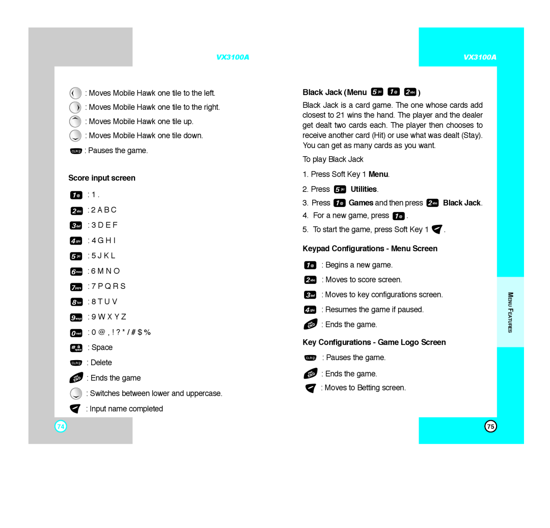LG Electronics VX3100A manual Black Jack Menu, Score input screen, Keypad Configurations - Menu Screen, Press Utilities 