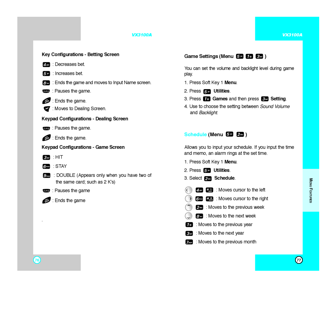 LG Electronics VX3100A manual Game Settings Menu, Schedule Menu, Key Configurations - Betting Screen, Press Utilities 
