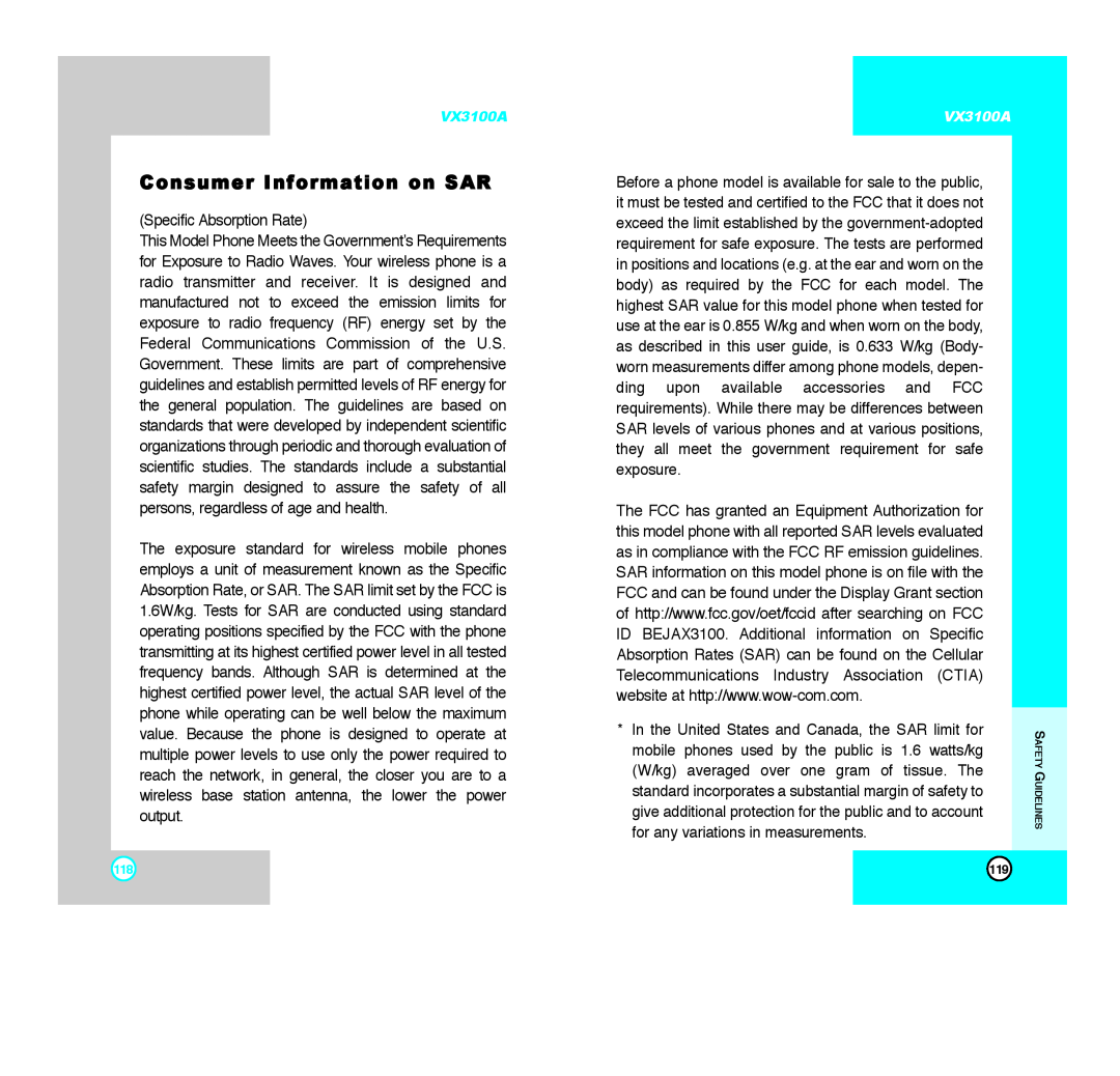LG Electronics VX3100A manual Consumer Information on SAR 