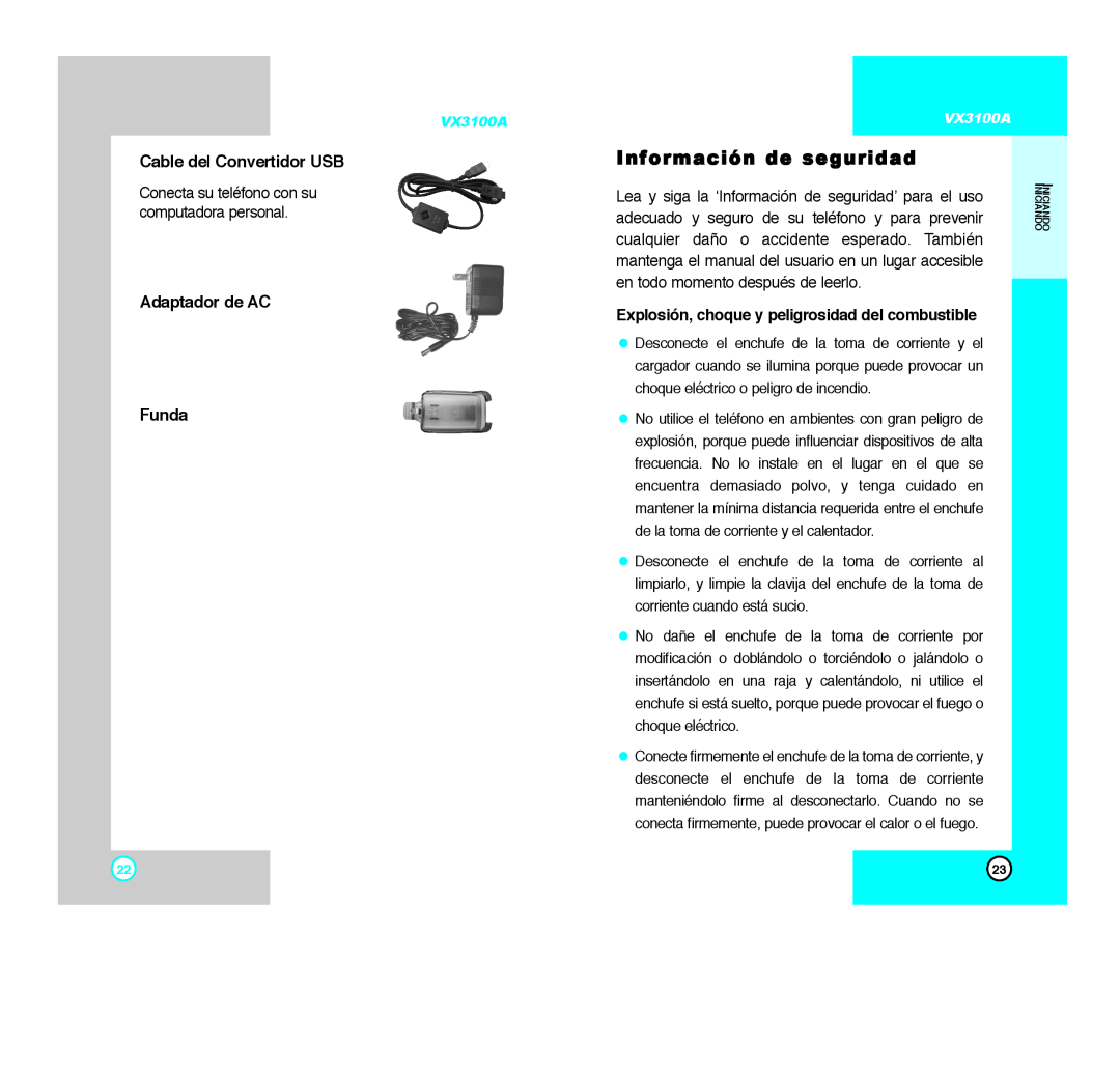 LG Electronics VX3100A manual Información de seguridad, Cable del Convertidor USB, Adaptador de AC Funda 