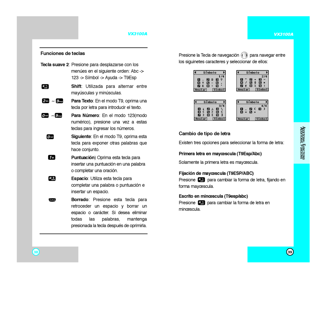 LG Electronics VX3100A manual Funciones de teclas, Cambio de tipo de letra, Primera letra en mayœscula T9Esp/Abc 
