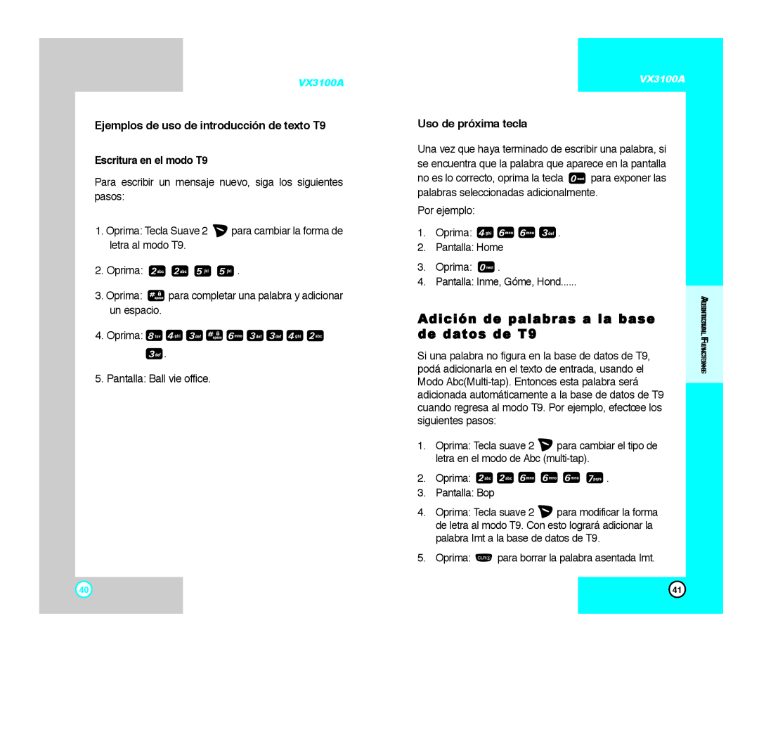 LG Electronics VX3100A manual Adición de palabras a la base de datos de T9, Ejemplos de uso de introducción de texto T9 