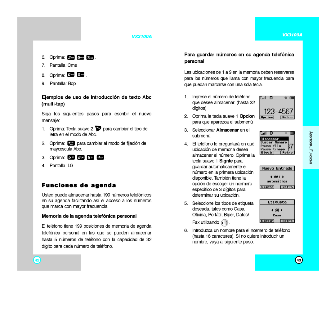 LG Electronics VX3100A manual Funciones de agenda, Ejemplos de uso de introducción de texto Abc multi-tap 
