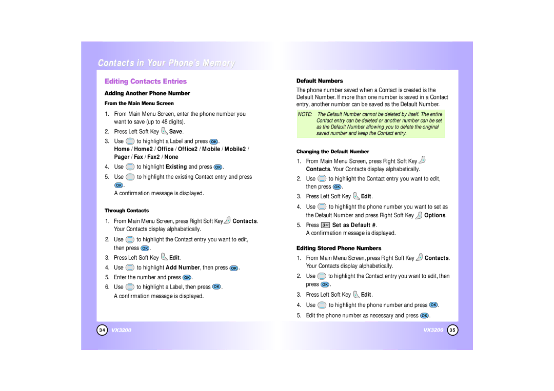 LG Electronics VX3200 manual Editing Contacts Entries, Adding Another Phone Number, Default Numbers, Press Set as Default # 
