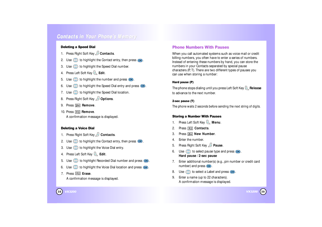 LG Electronics VX3200 manual Phone Numbers With Pauses, Deleting a Speed Dial, Deleting a Voice Dial 