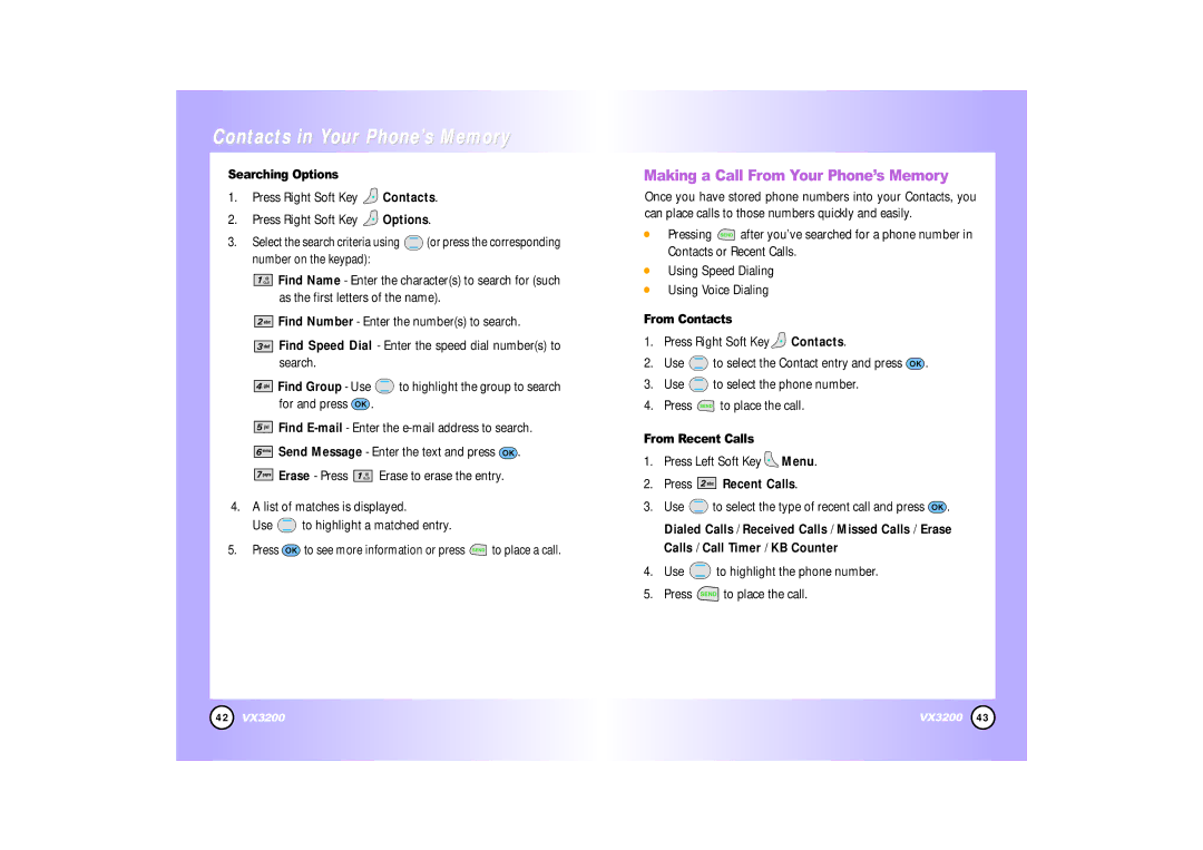 LG Electronics VX3200 manual Making a Call From Your Phone’s Memory, Searching Options, From Contacts, From Recent Calls 