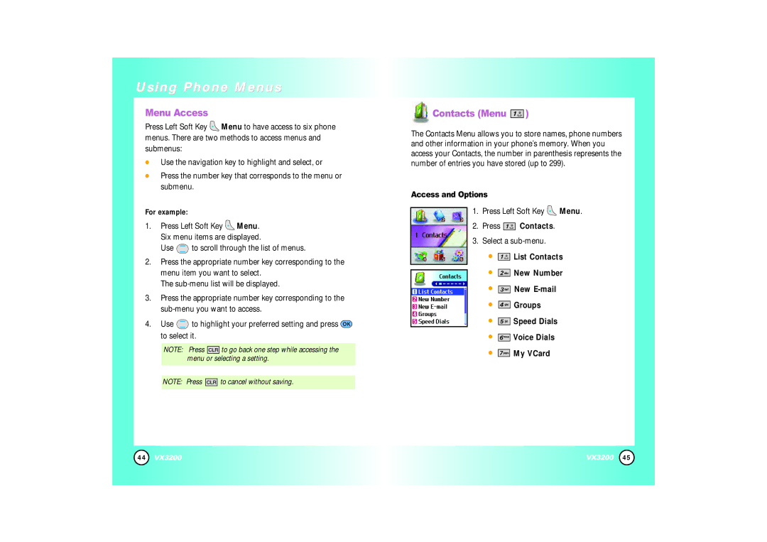 LG Electronics VX3200 manual Using Phone Menus, Menu Access, Contacts Menu, Access and Options, Press Contacts 