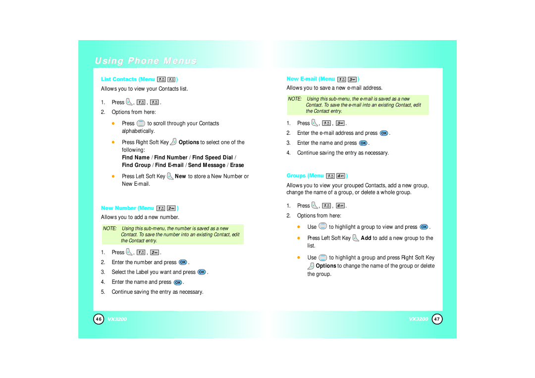 LG Electronics VX3200 manual List Contacts Menu, New Number Menu, New E-mail Menu, Groups Menu 