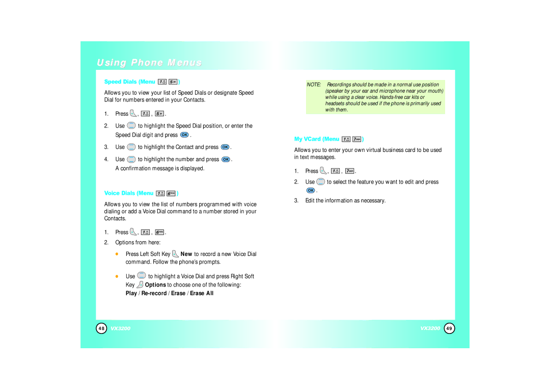 LG Electronics VX3200 manual Speed Dials Menu, Voice Dials Menu, My VCard Menu 