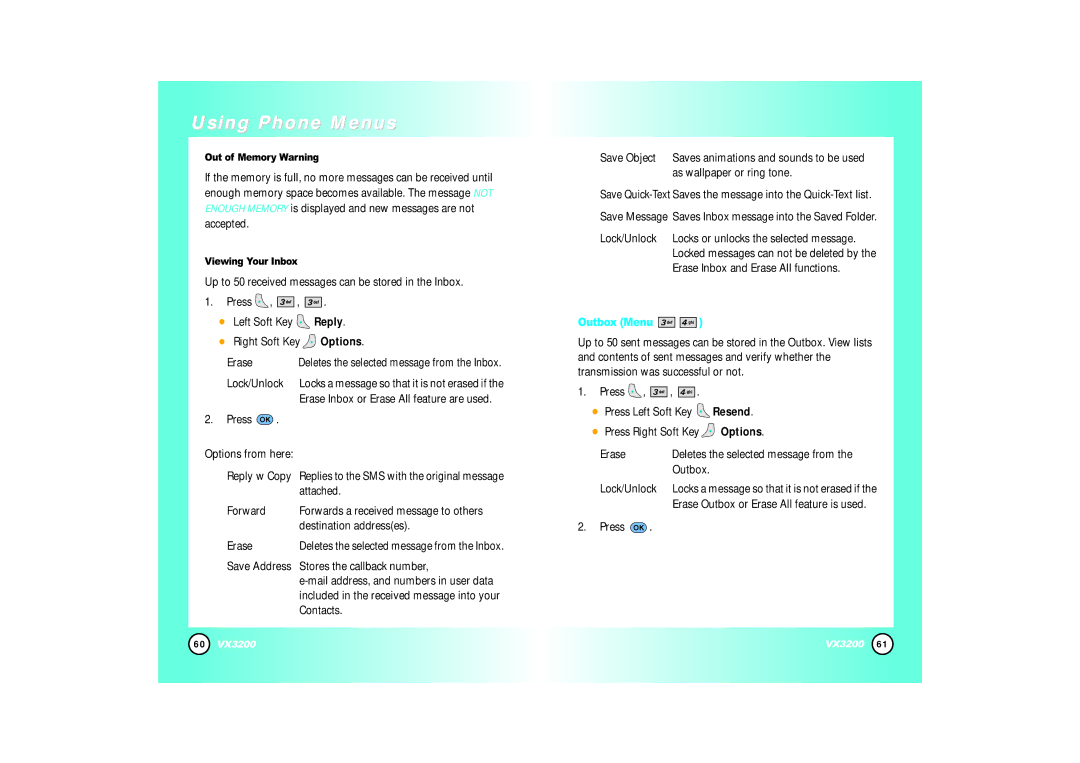 LG Electronics VX3200 manual Outbox Menu 