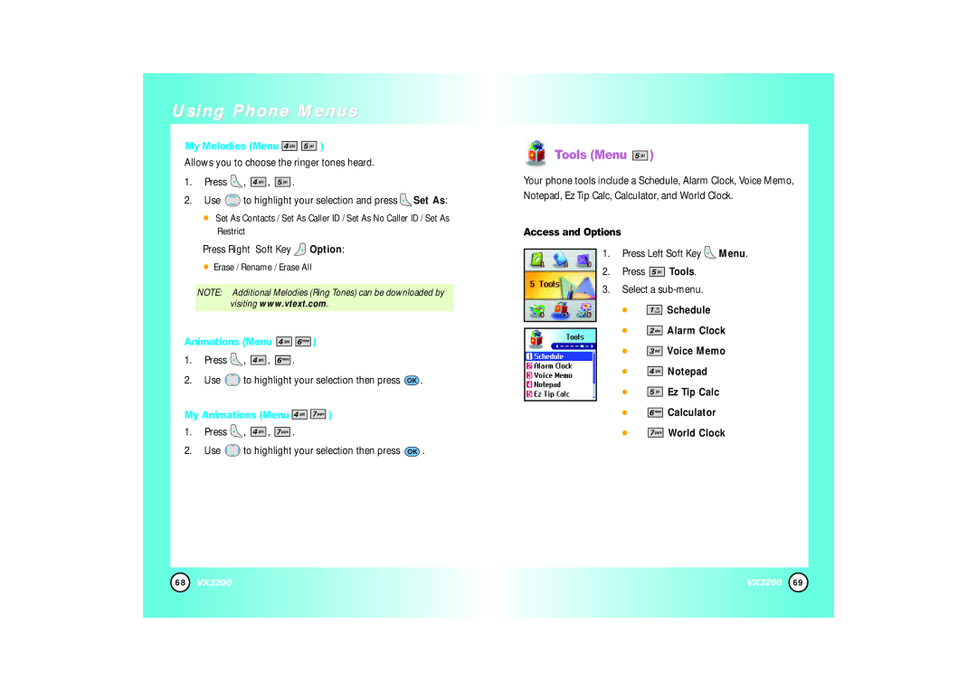 LG Electronics VX3200 manual Tools Menu, My Melodies Menu, My Animations Menu 