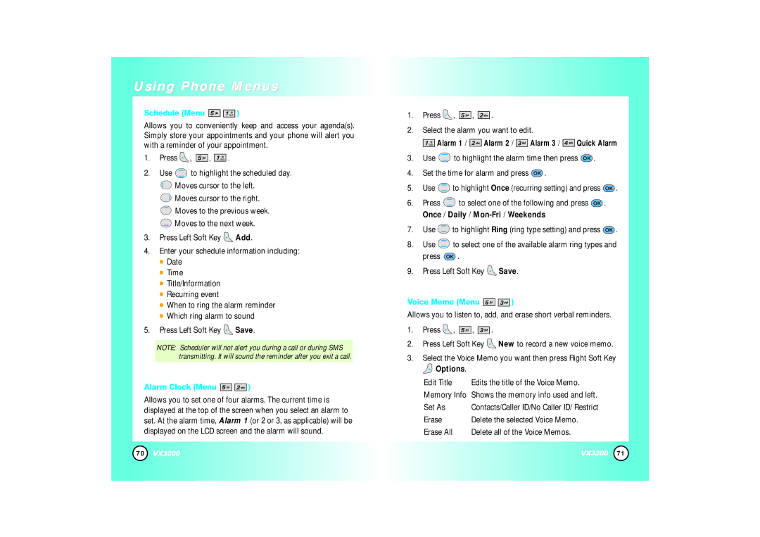 LG Electronics VX3200 manual Schedule Menu, Alarm Clock Menu, Voice Memo Menu, Options 