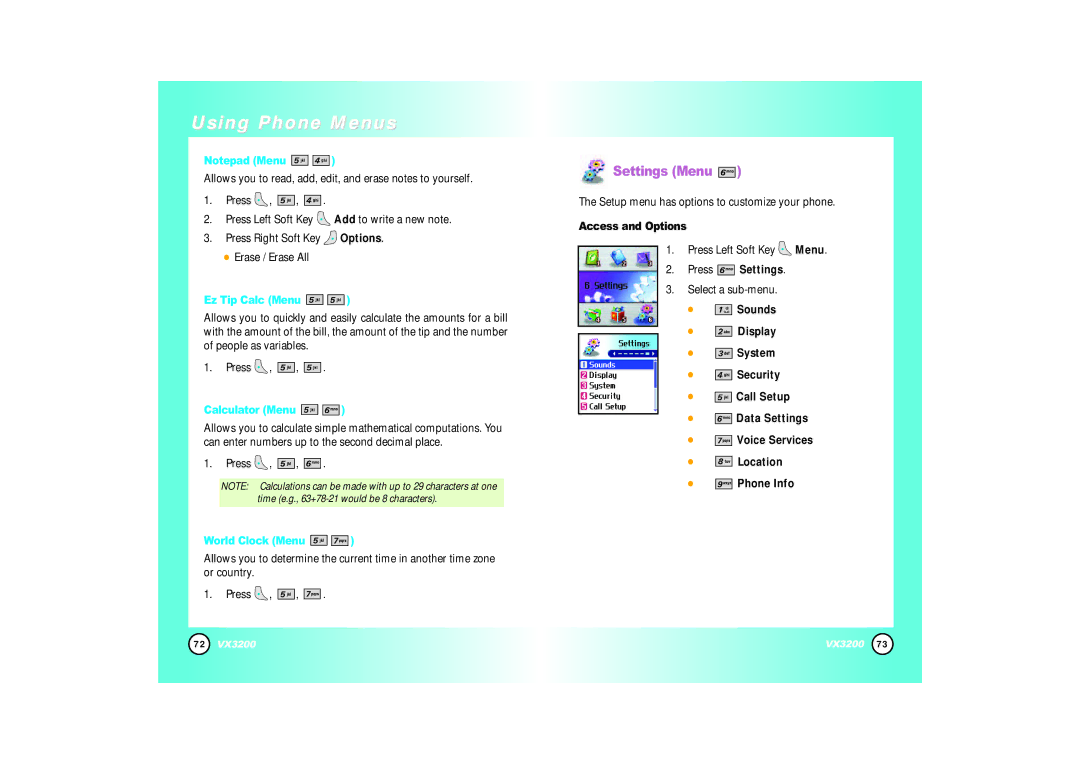 LG Electronics VX3200 manual Settings Menu, Ez Tip Calc Menu, Calculator Menu, World Clock Menu, Press Settings 