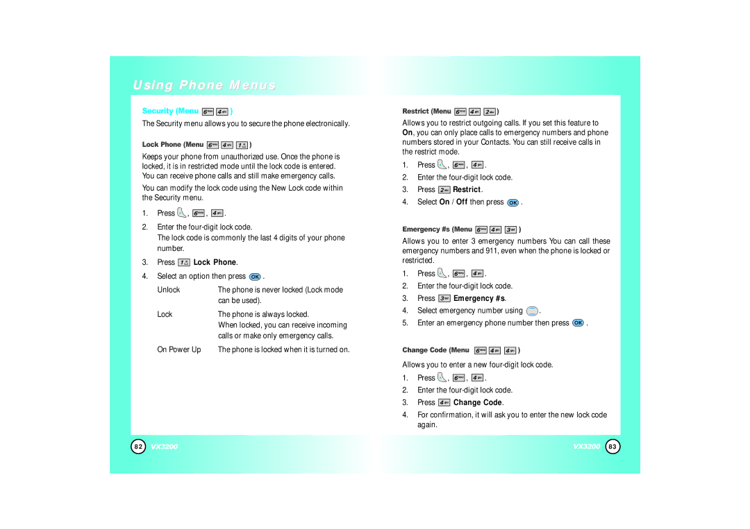 LG Electronics VX3200 manual Security Menu, Press Lock Phone, Press Restrict, Press Emergency #s, Press Change Code 