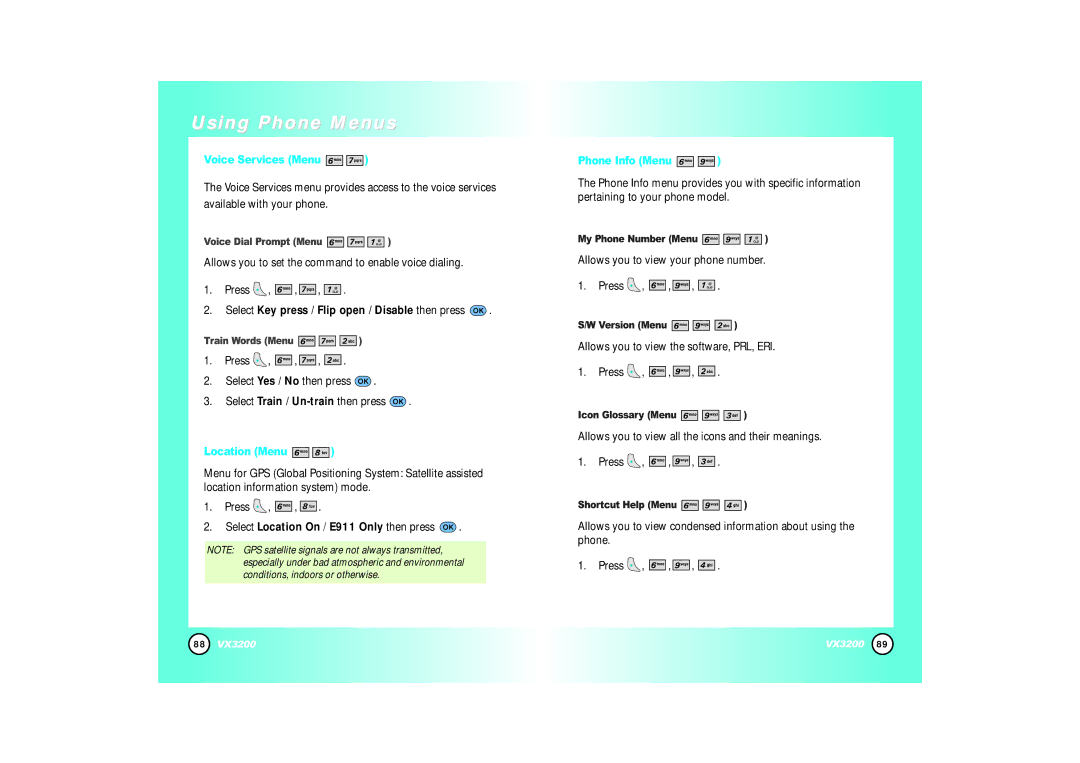 LG Electronics VX3200 manual Voice Services Menu, Select Key press / Flip open / Disable then press, Location Menu 