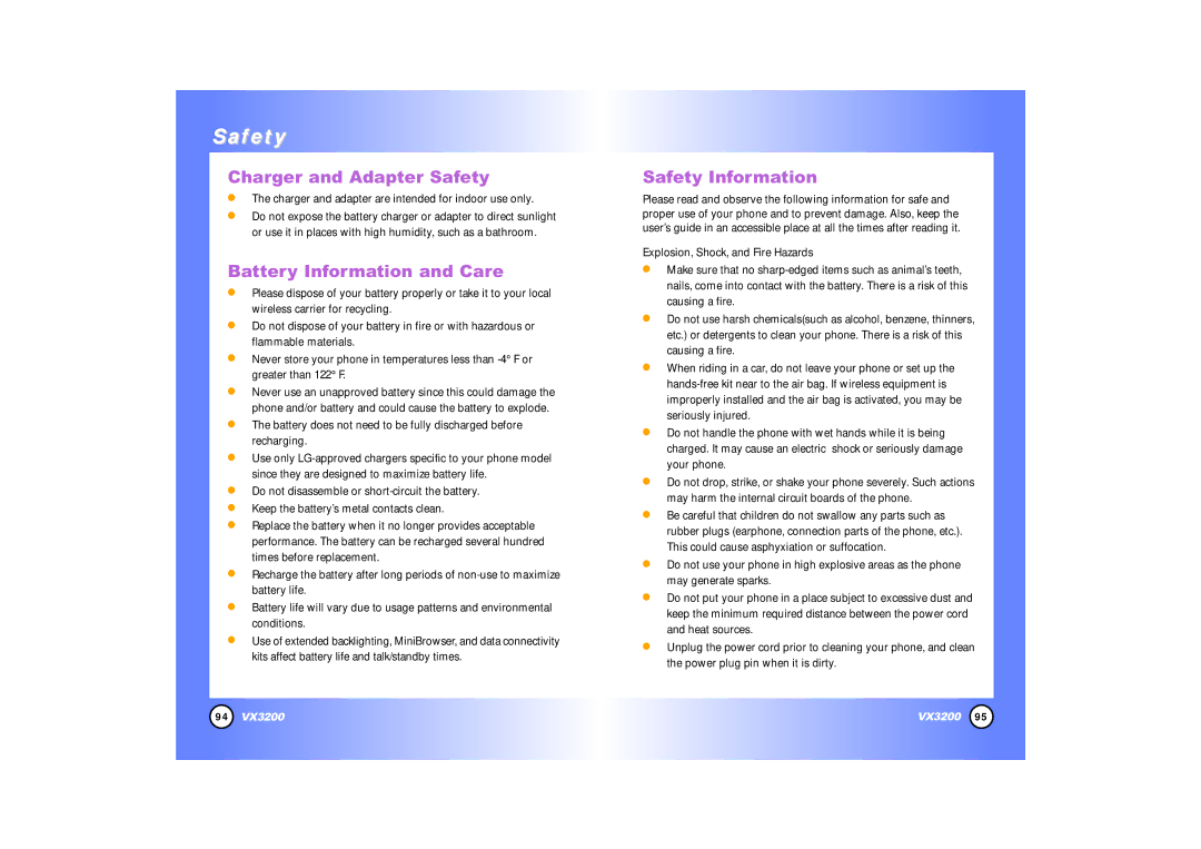 LG Electronics VX3200 manual Charger and Adapter Safety 