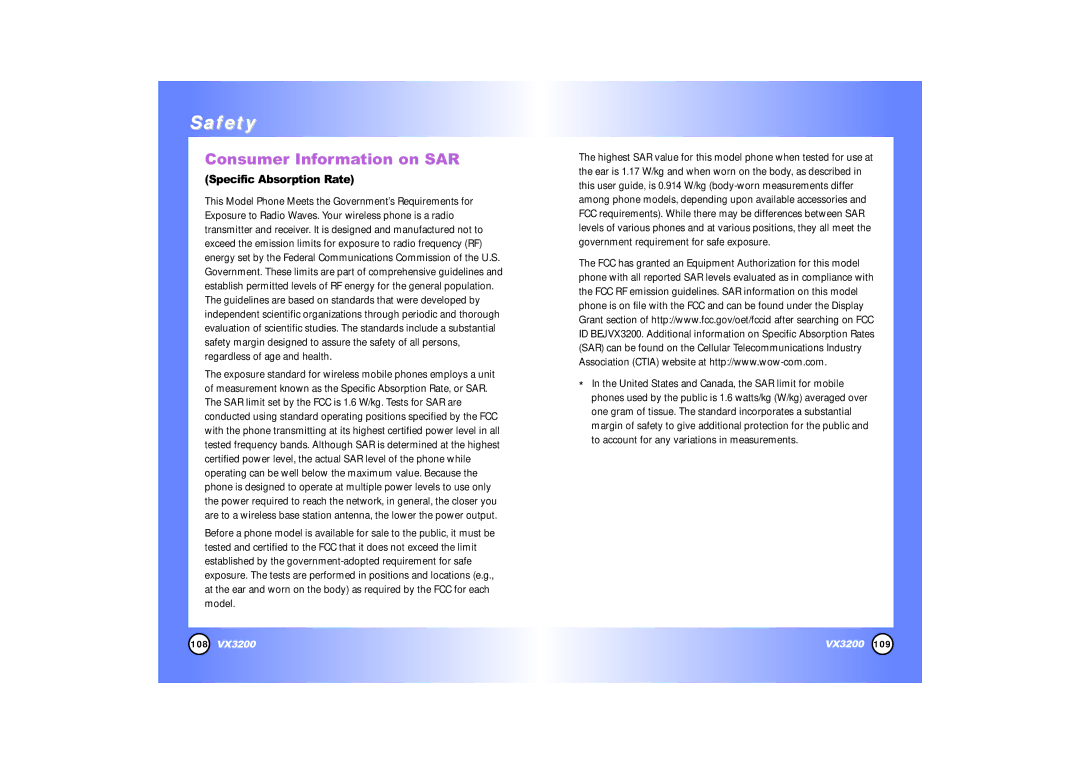 LG Electronics VX3200 manual Consumer Information on SAR, Specific Absorption Rate 
