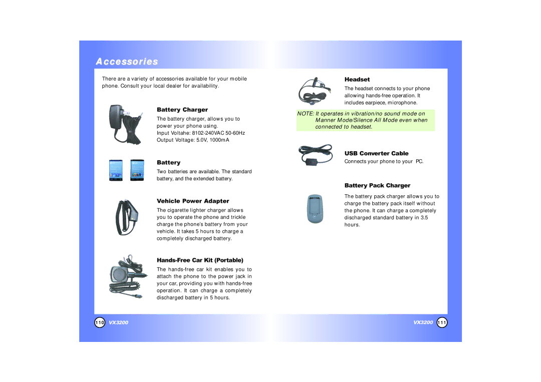 LG Electronics VX3200 manual Accessories, Battery Charger 