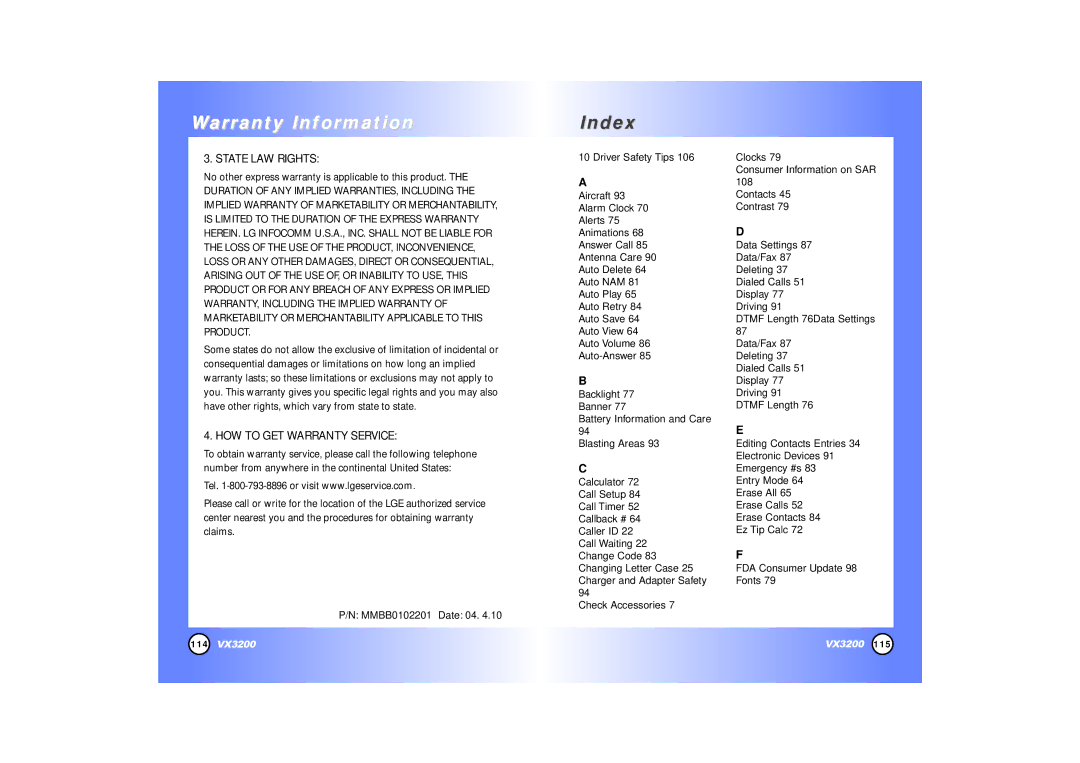 LG Electronics VX3200 manual IndexIndex 