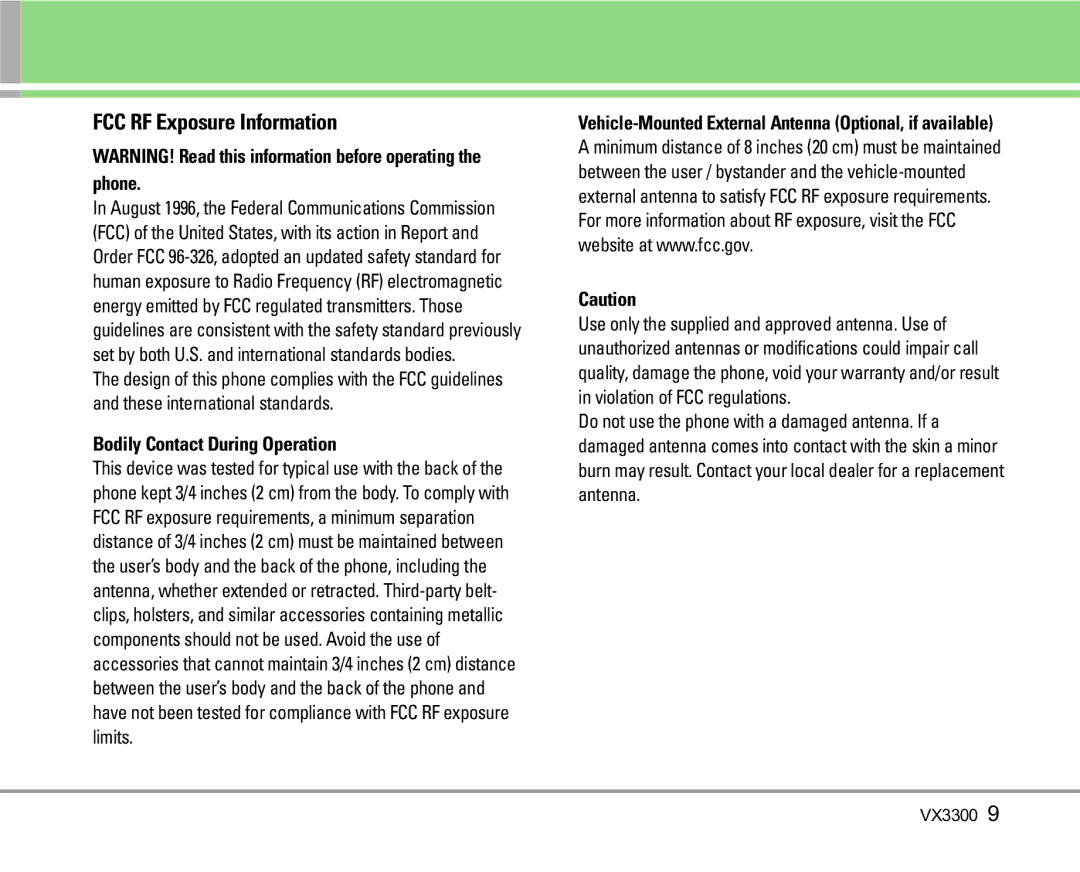 LG Electronics VX3300 manual FCC RF Exposure Information, Bodily Contact During Operation 