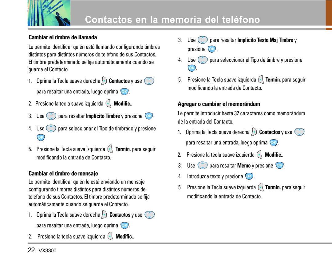 LG Electronics VX3300 manual Cambiar el timbre de llamada, Cambiar el timbre de mensaje, Agregar o cambiar el memorándum 