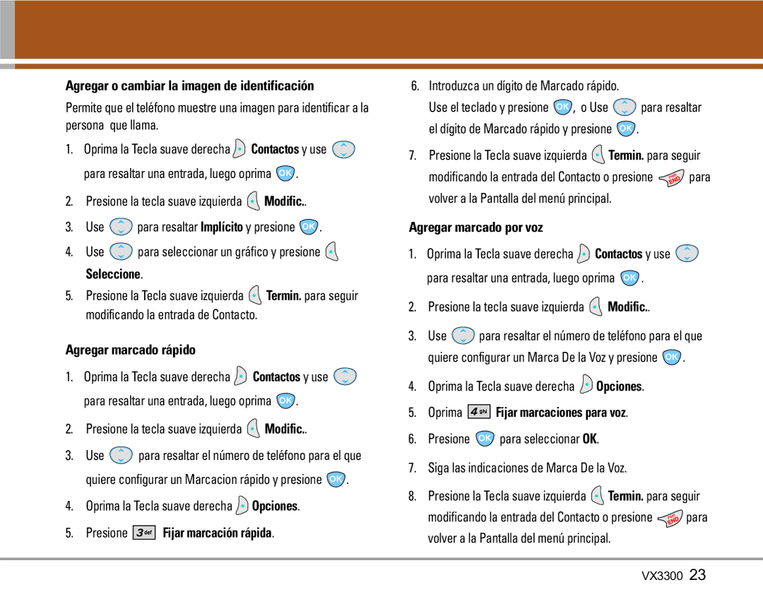 LG Electronics VX3300 manual Agregar o cambiar la imagen de identificación, Agregar marcado rápido, Agregar marcado por voz 