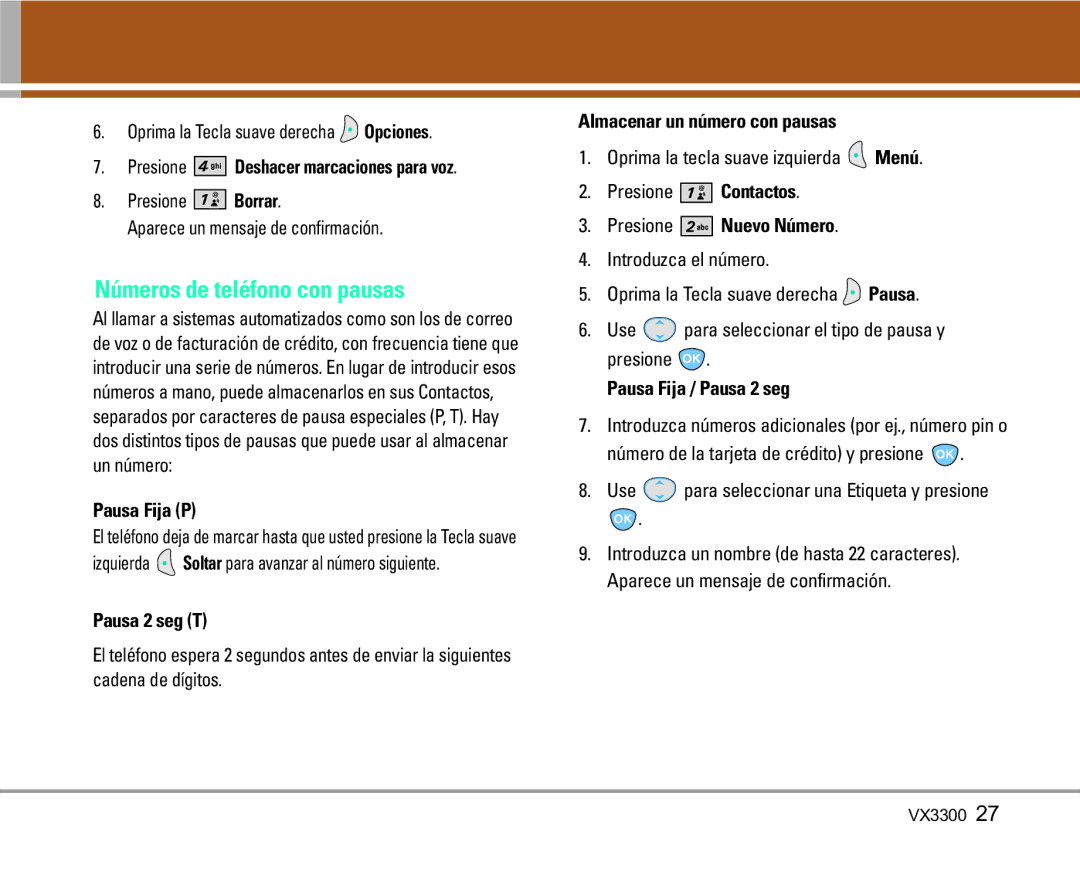 LG Electronics VX3300 manual Números de teléfono con pausas 