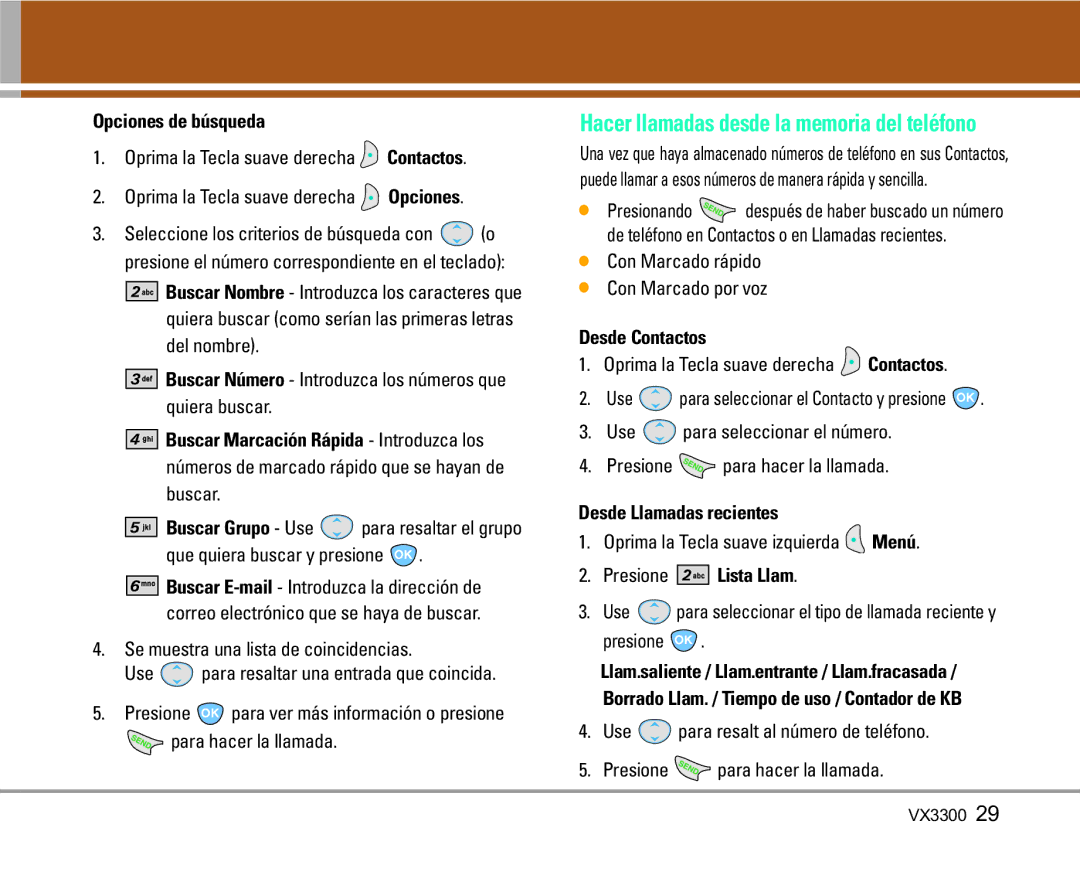 LG Electronics VX3300 manual Opciones de búsqueda, Desde Contactos, Desde Llamadas recientes, Presione Lista Llam 