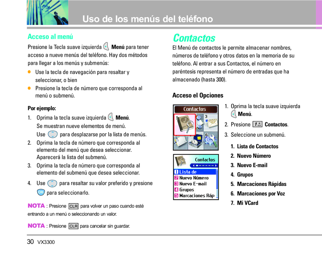 LG Electronics VX3300 manual Contactos, Uso de los menús del teléfono, Acceso al menú, Acceso el Opciones 