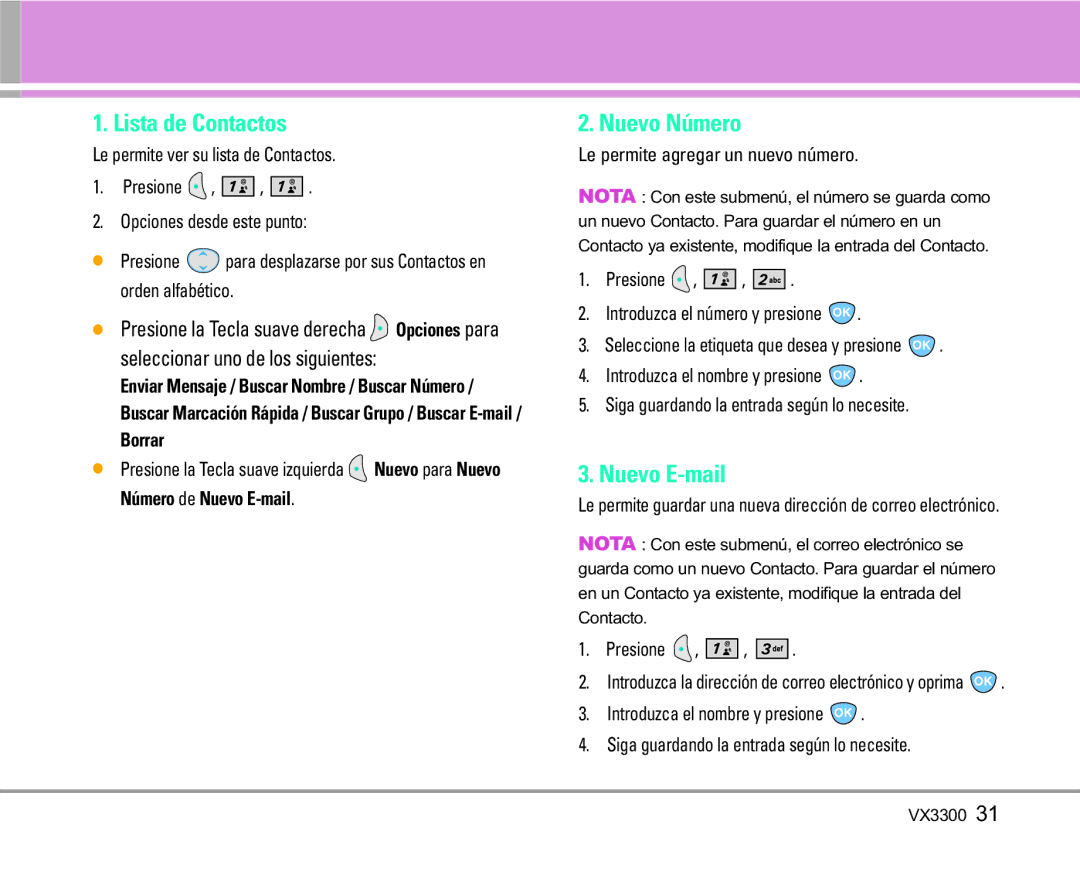 LG Electronics VX3300 manual Lista de Contactos, Nuevo Número, Nuevo E-mail, Le permite agregar un nuevo número 