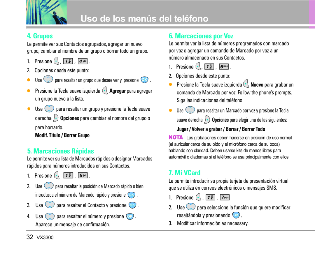 LG Electronics VX3300 manual Grupos, Marcaciones Rápidas, Marcaciones por Voz, Mi VCard 